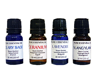 Basic Floral Essential Oil Collection. Contains 1 bottle each of Clary Sage, Geranium, Lavender and Ylang ylang essential oil.